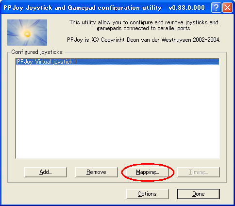 27.5:484:424:0:0:mapping01:center:0:0:PPJoy Virtual joystick 1を選んで赤丸部分をクリック: